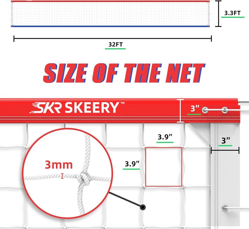 SKEERY Professional Volleyball Net,Official Size 32×3.3FT,Equipped with Double Steel Cables with 3.3FT Double Side Bars,Portable Volleyball Net for Backyard,School,Courts - Image 2